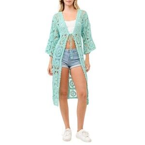Mint Green Crochet Kimono Long Swimwear Coverup Beach Layers Jeans One Size
